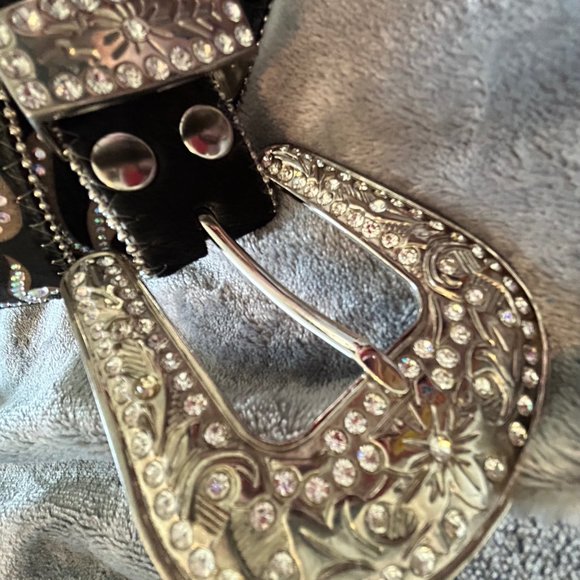 Black Leather Rhinestone Bling Belt Size L - Picture 3 of 13